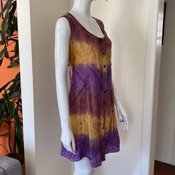 Vintage Flower Brand Yellow and Purple Tie Dye Tunic Dress with Waist Ties - Picture 4 of 13